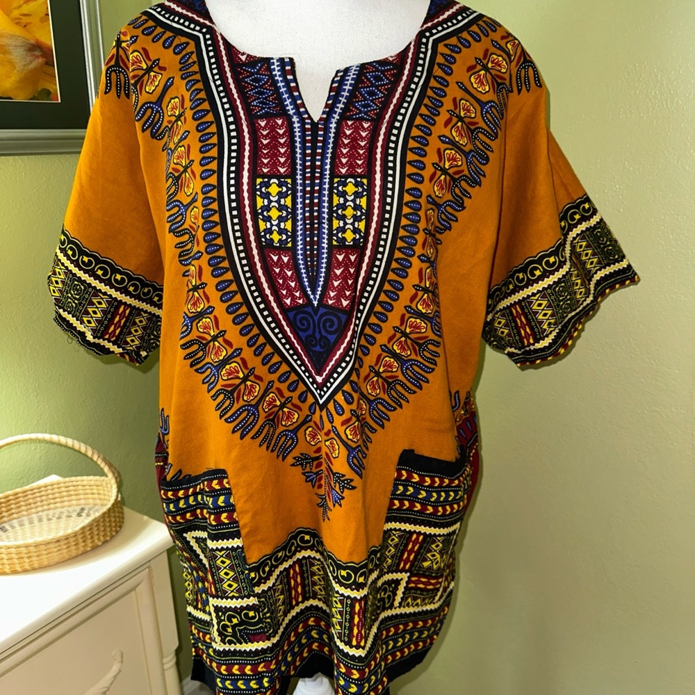 Orange Short Sleeve Boxy Tunic with Intricate Patterns Tribal Ethnic